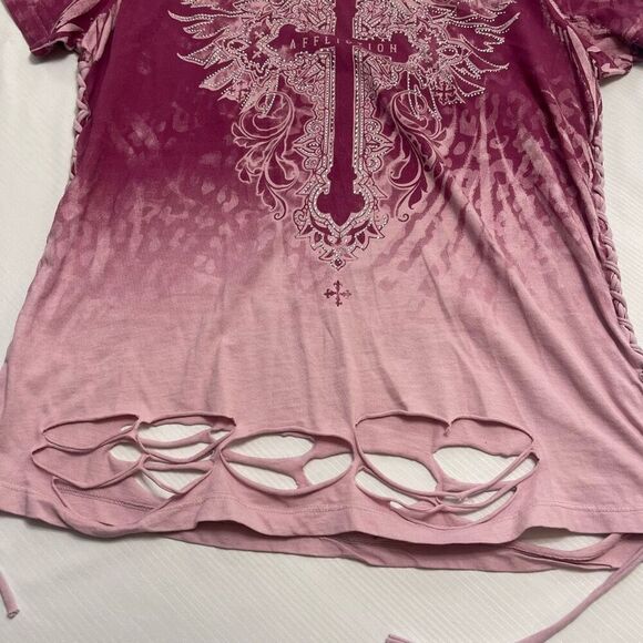 Affliction Sacred Wish Wings Crystal Rhinestone Distressed Pink T-Shirt Size XL - Picture 3 of 7